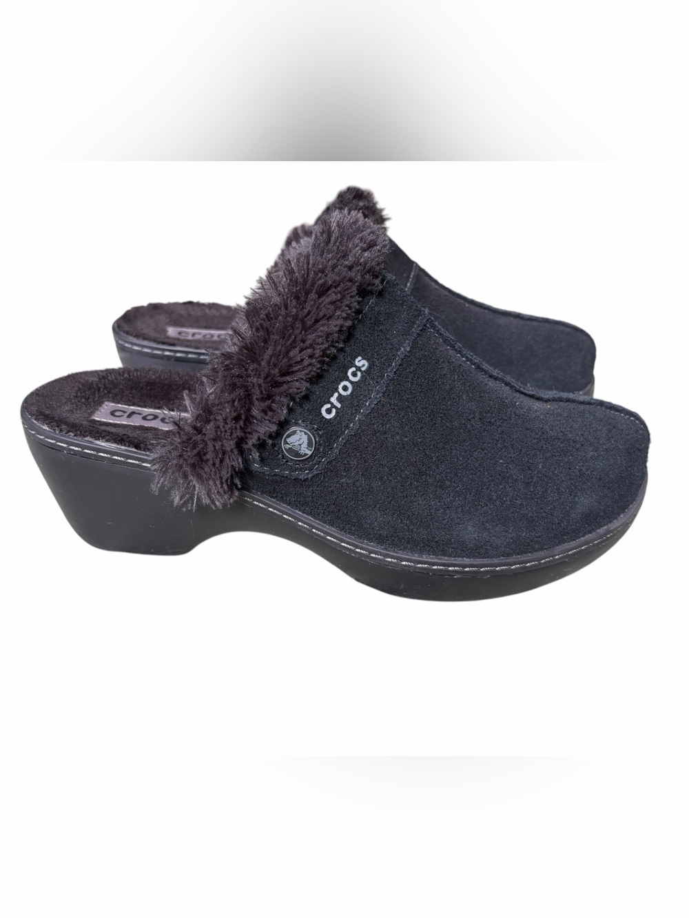 CROCS Women's Black Suede-Look Faux Fur Lined Clog Mules